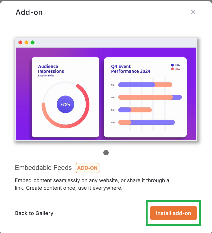 Embeddable Feeds add-on preview with Install button and description of its features