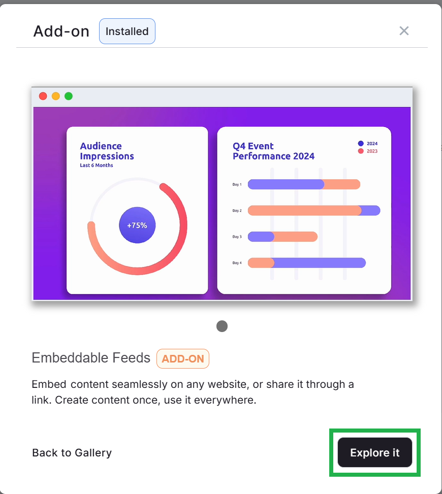 Embeddable Feeds add-on marked as installed with option to explore the feature