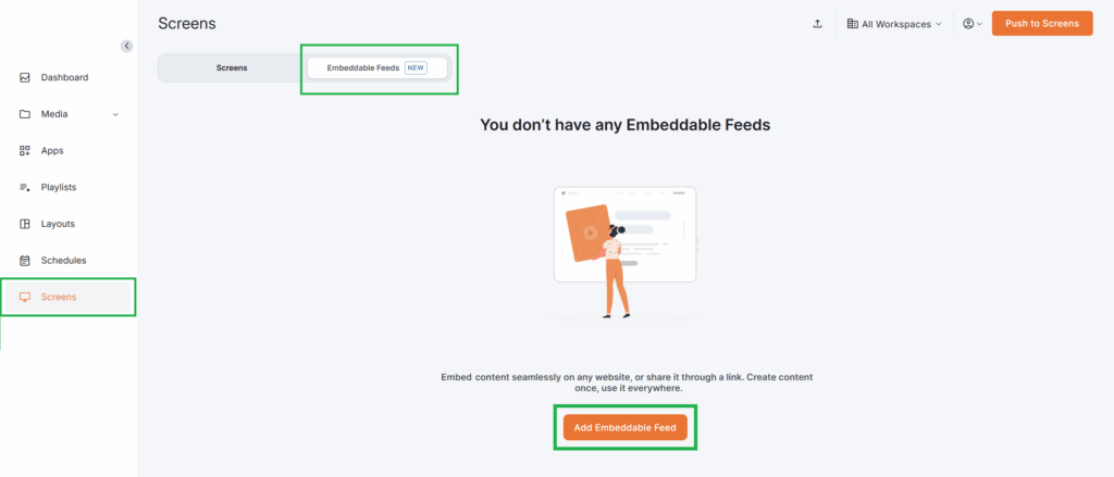 Platform's Screens section showing the Add Feed call-to-action button being clicked for initiating the Feed creation process