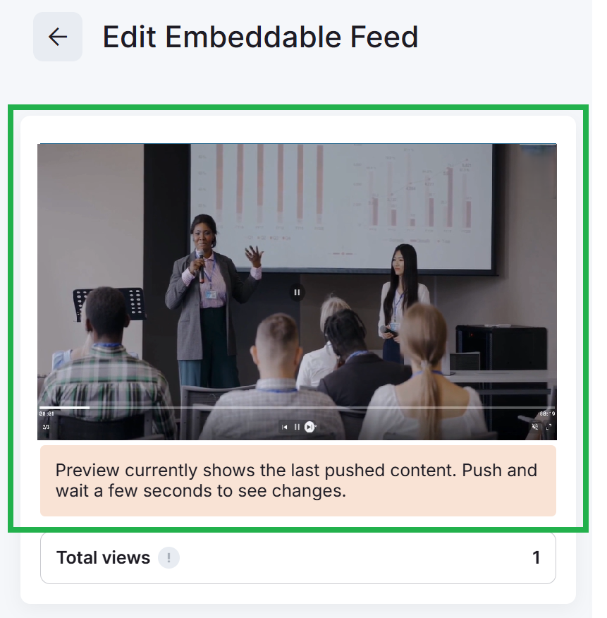 Edit Embeddable Feed preview showing pushed video content and view count