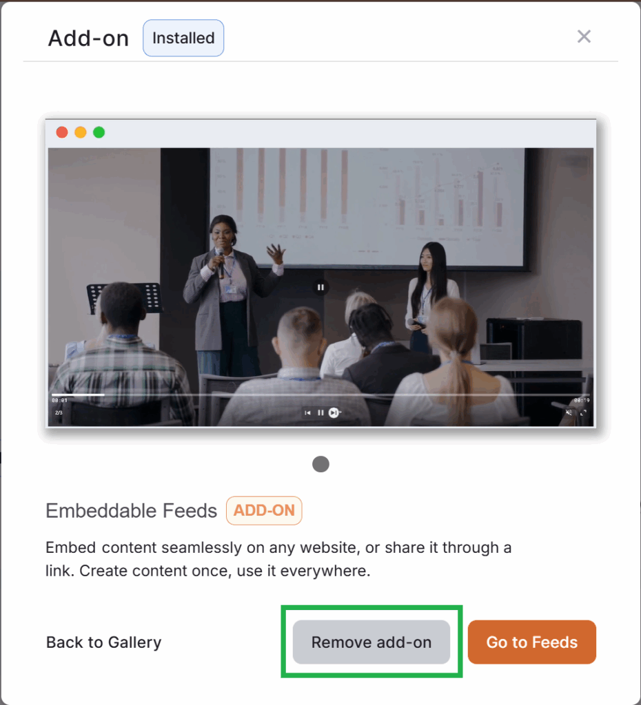 Remove Embeddable Feeds add-on confirmation with video preview of event demo presentation