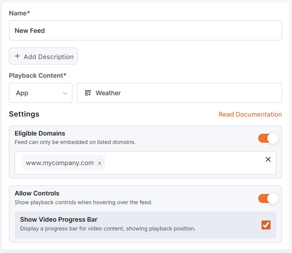 Embeddable Feed settings overview with example information alongside settings for domain restriction and playback control toggles