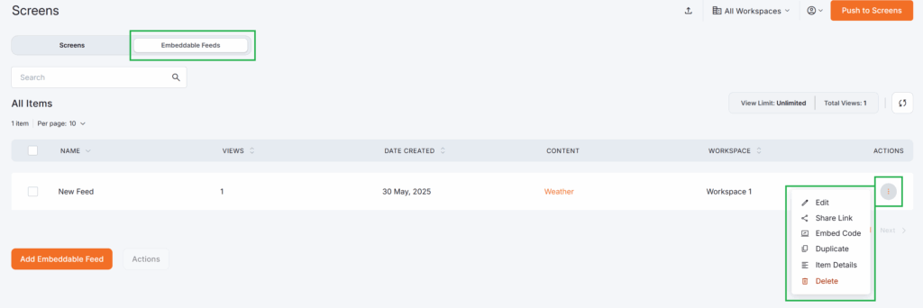Embeddable Feeds actions' list with options to edit, share, duplicate, and delete a feed