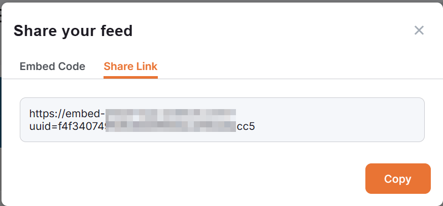 Share Link tab displaying URL link to access the platform's Embeddable Feed externally