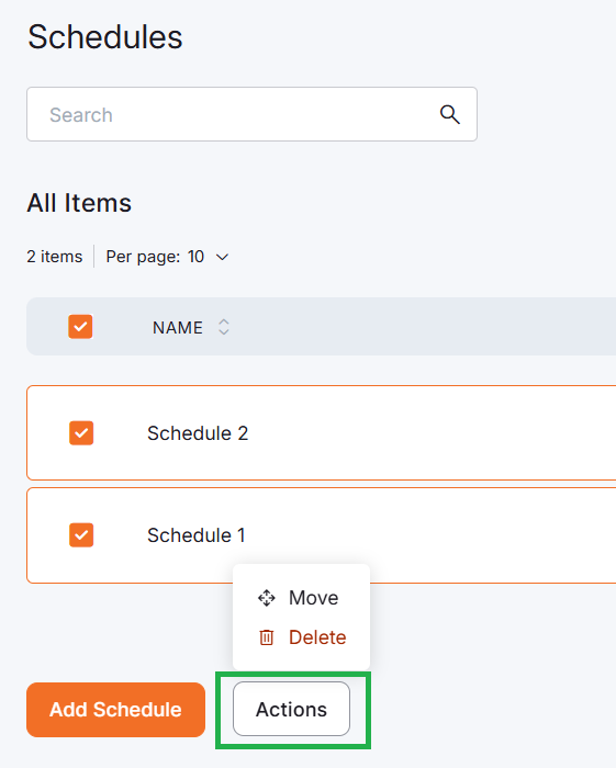Schedules interface showing multiple schedules selected with available bulk action options such as move or delete using the Actions button.