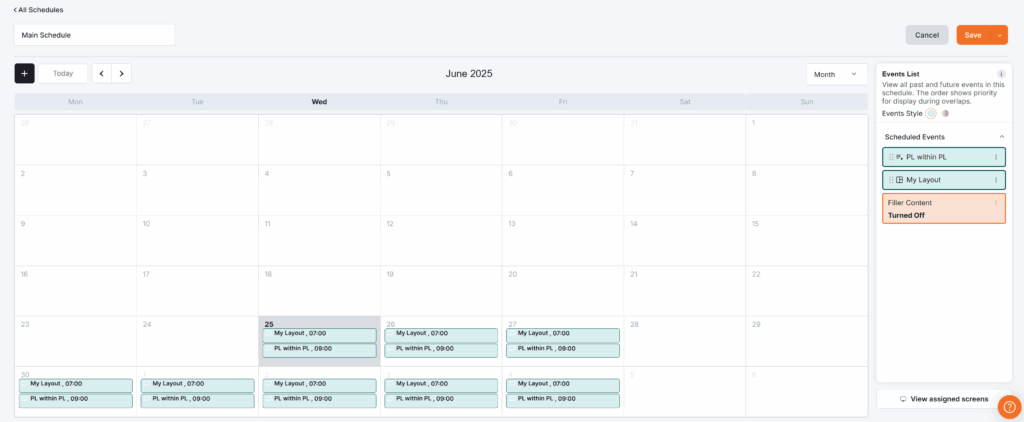 The Schedules overview displaying the 'Main Schedule' with options to edit, assign to screen, duplicate, view details, or delete the schedule, and push to screens functionality.