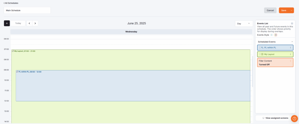 Schedules day view for June 25, 2025 showing overlapping events: 'My Layout' from 07:00 to 21:00 and 'PL within PL' from 09:00 to 12:00, with filler content turned off.