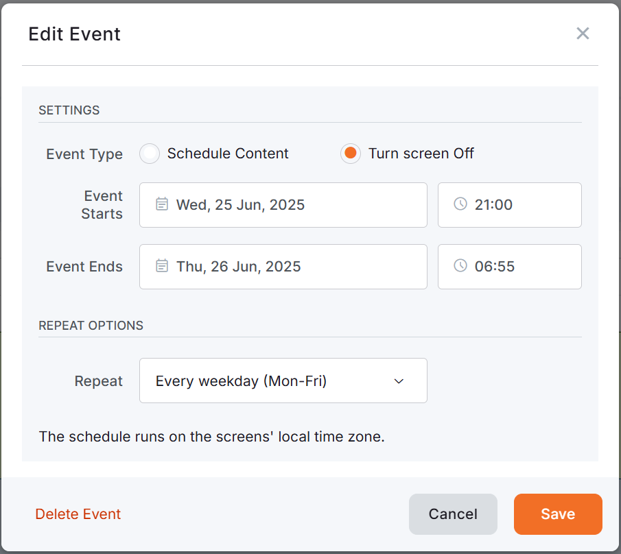 Edit Event window for turning screens off, scheduled from June 25, 2025 at 21:00 to June 26, 2025 at 06:55, with repeat option set to every weekday.