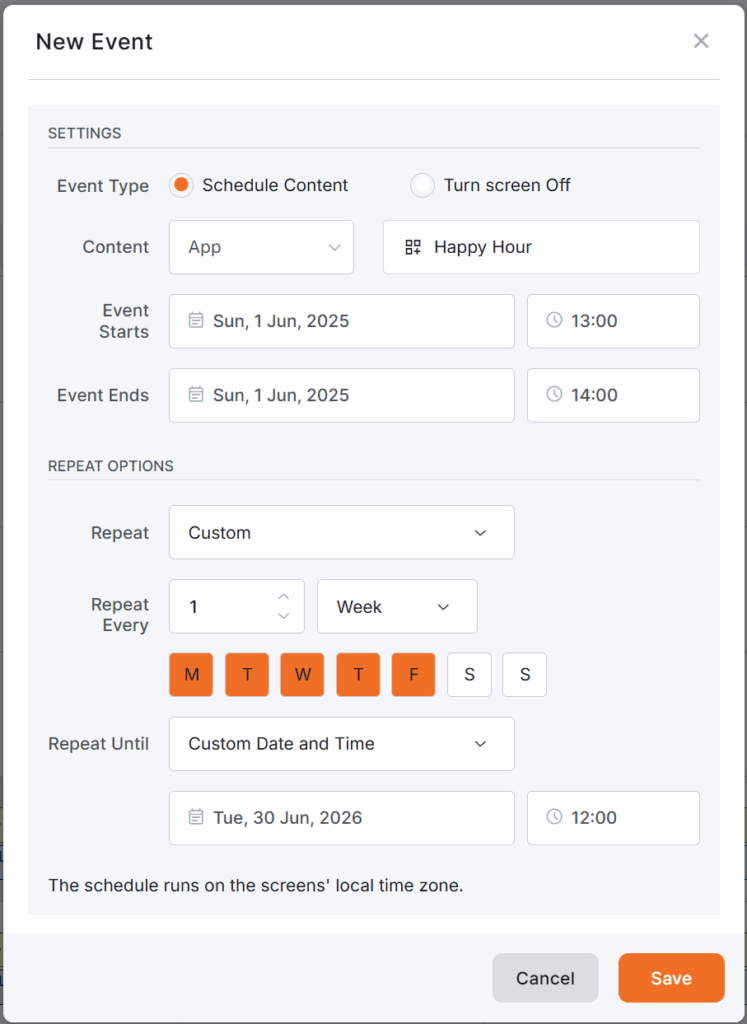New Event creation window for scheduling an 'App' content titled 'Happy Hour,' starting on June 1, 2025 at 13:00 and ending at 14:00 with custom weekly recurrence.