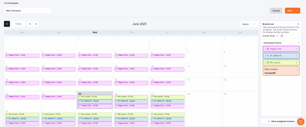 Schedules calendar view for June 2025 displaying recurring 'Happy Hour' events at 13:00 alongside 'My Layout' and 'PL within PL' events, with filler content turned off.
