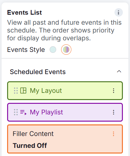 Events List panel showing scheduled events 'My Layout' and 'My Playlist' with filler content turned off, allowing priority arrangement for simultaneous digital signage events.