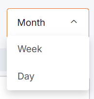 Schedule calendar (drop-down) view mode selector displaying options to switch between Month, Week, and Day views which alters the platform's calendar view.