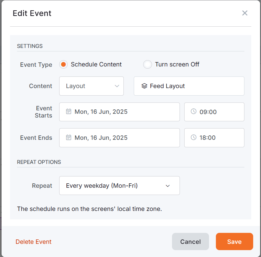 Edit Event pop-up in the Schedules showing scheduled content settings for Feed Layout, with time, date, and weekday recurrence options for digital signage playback.