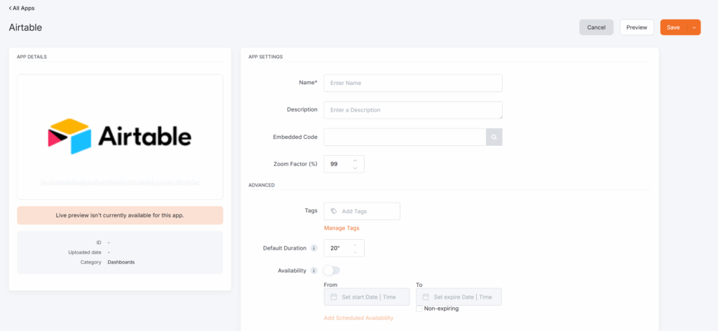 Airtable app configuration screen on the platform, showing empty fields for Name, Description, and Embedded Code. Zoom Factor is set to 99%. Options for adding tags, setting default duration, and availability scheduling are visible. The Airtable logo appears on the left.