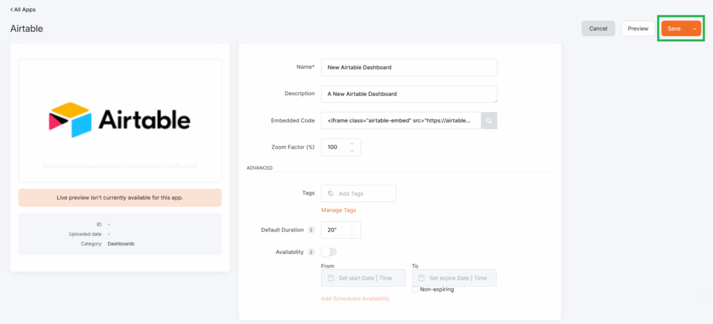 Airtable app settings page with filled example values: 'New Airtable Dashboard' entered as the name and description, and an iframe embed code partially visible. Zoom Factor is set to 100%. The Save button is highlighted in green, and options for tags, default duration, and scheduling availability are present.