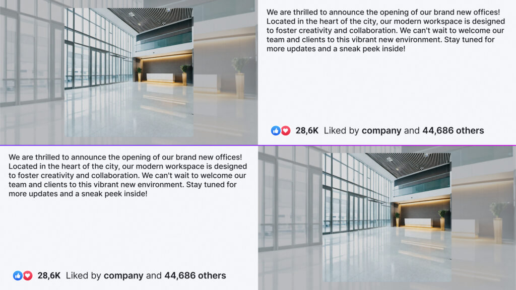 Screenshot of a Facebook post feed shown in the signage platform featuring a modern office interior photo and a company update post about a new office opening, with engagement stats showing thousands of likes and shares.