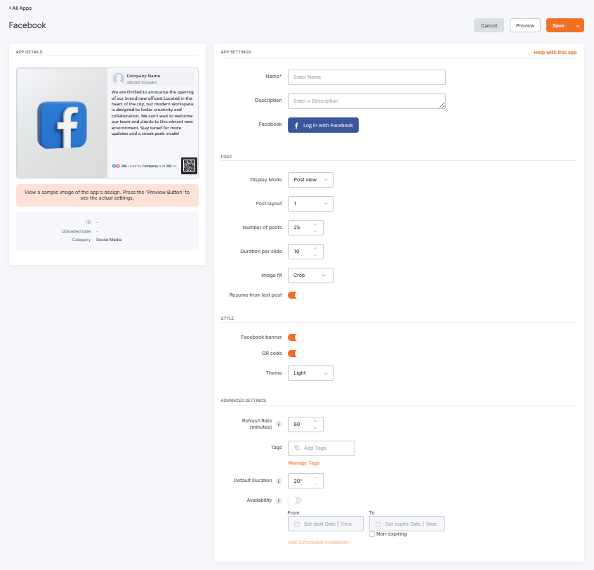 Facebook app configuration interface showing social media display settings, including Facebook login, post layout, number of posts, image fit, banner toggle, and scheduling options.