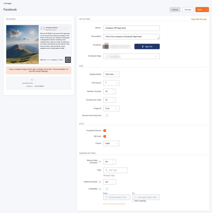 Facebook app setup with a connected Facebook account, displaying custom feed settings for post layout, theme, QR code toggle, refresh rate, and scheduled availability options.