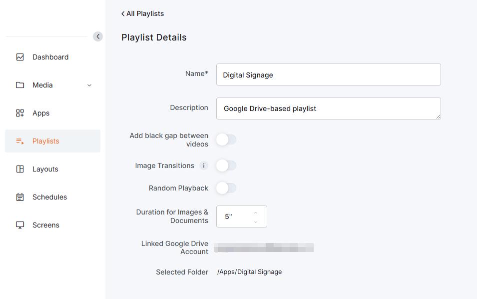 Overview of the Playlist Details page of the platform displaying various playlist-related settings for the user to configure.