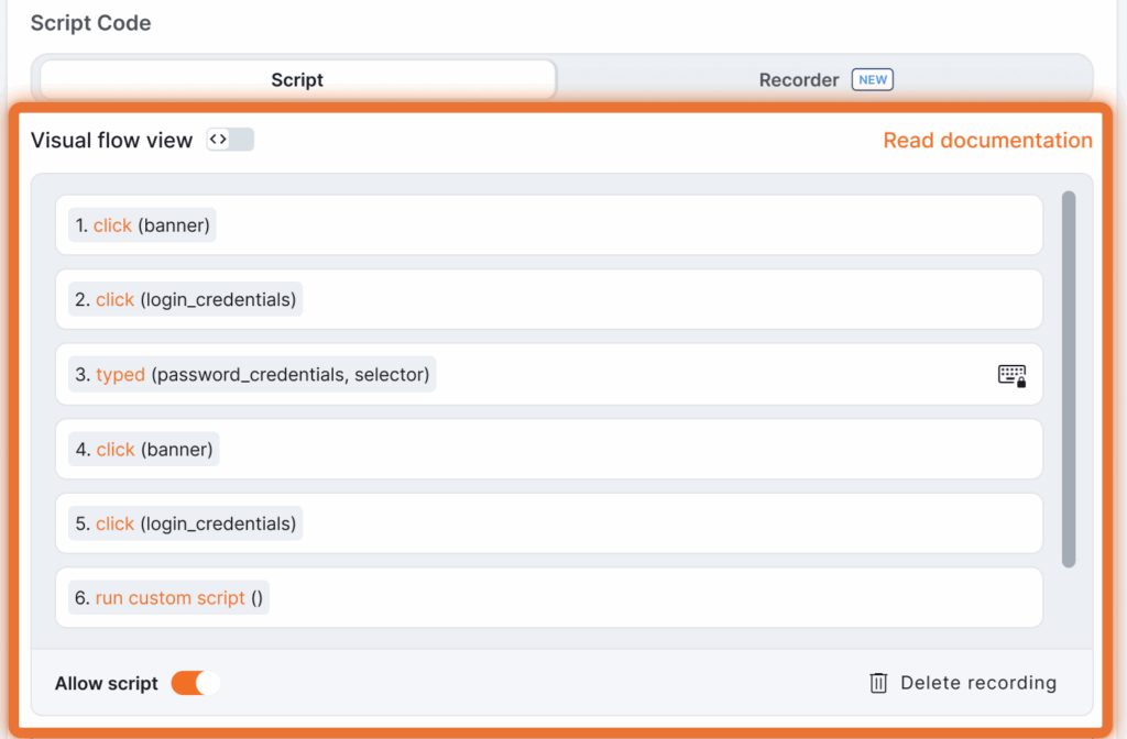 Webpage Recording Tool visual flow view displaying a step-by-step sequence of six recorded webpage interactions, including clicks, typed inputs, and custom script execution.