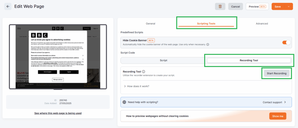 Web Page scripting interface with the 'Scripting Tools' tab active, highlighting the 'Recording Tool' and 'Start Recording' button used to capture webpage interaction flows.