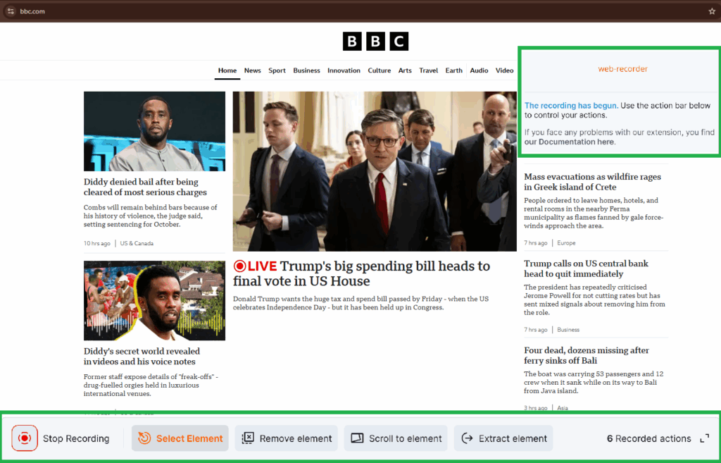Webpage Recorder in action on the BBC website, displaying the recording toolbar with options like 'Stop Recording', 'Select Element', 'Remove Element', 'Scroll to Element', and 'Extract Element' for creating interactive scripts.
