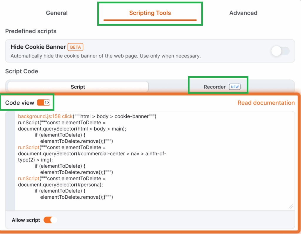 Scripting Tools section displaying the code view of the WebpageRecording Tool, with auto-generated JavaScript scripts for element selection and removal captured during the recording session.
