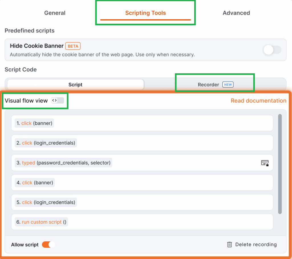 Scripting Tools visual flow view showcasing a step-by-step sequence of recorded webpage interactions including element clicks, typed inputs, and custom script executions for automation.