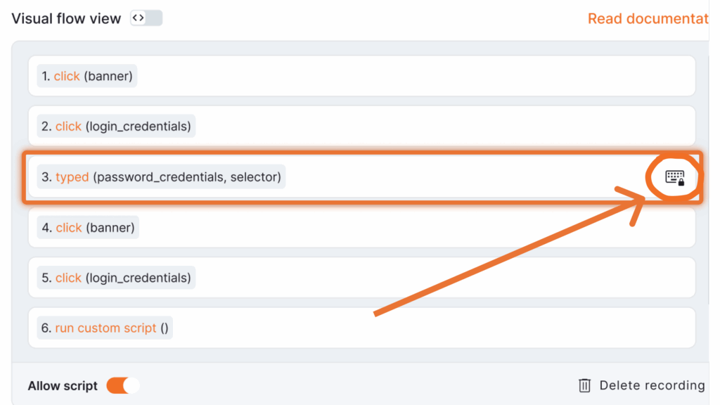 Detailed visual flow view in the platform's Webpage Recording Tool highlighting a password entry step, emphasizing secure handling of typed credentials within the recorded webpage actions.