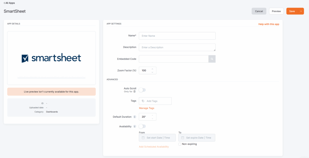 SmartSheet app configuration screen on the platform, showing empty fields for Name, Description, and Embedded Code. Zoom Factor is set to 100%. Options for adding tags, setting default duration, and availability scheduling are visible. The SmartSheet logo appears on the left.