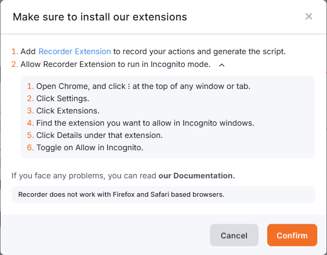 Chrome extensions installation prompt for the Webpage Recording Tool, guiding users to add the Extension and the Recorder Extension with an option to enable incognito mode.