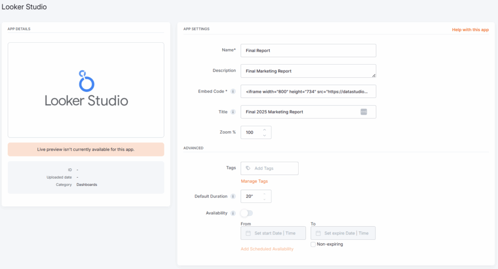 Filled in app details of the Looker Studio settings page in the platform, utilizing the embed code option.