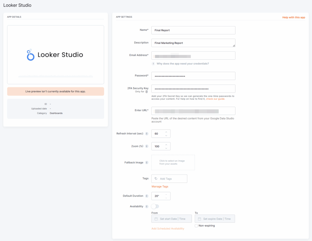 Filled in app details of the Looker Studio settings page in the platform, utilizing the log-in option.