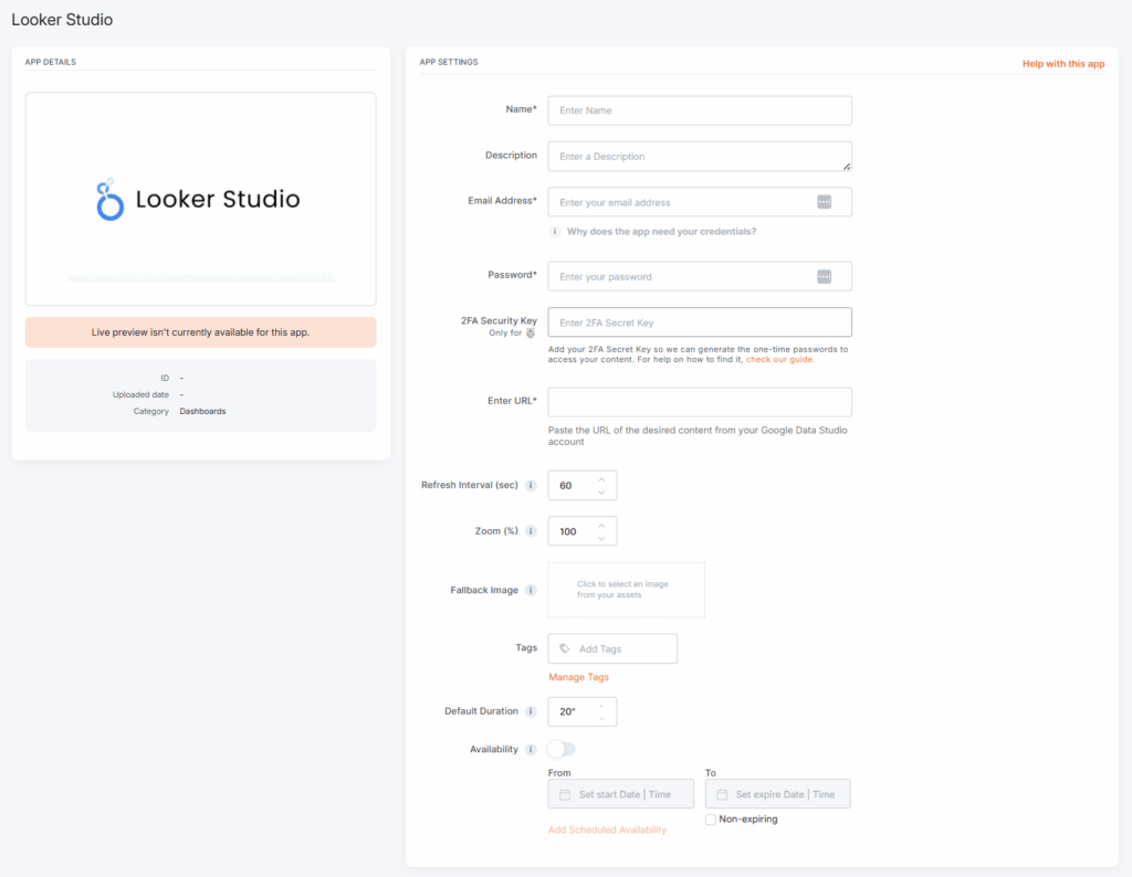 Empty app details of the Looker Studio settings page in the platform.