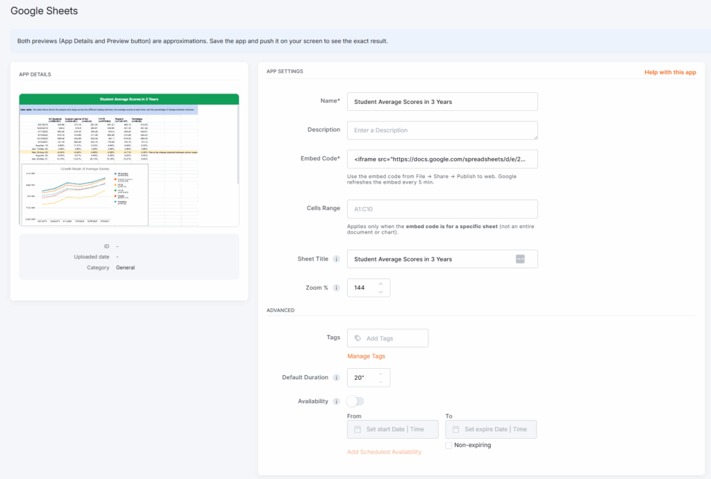 Google Sheet app setup with an embedded Google Sheet, displaying settings for handling the display preview, and the scheduling availability options.