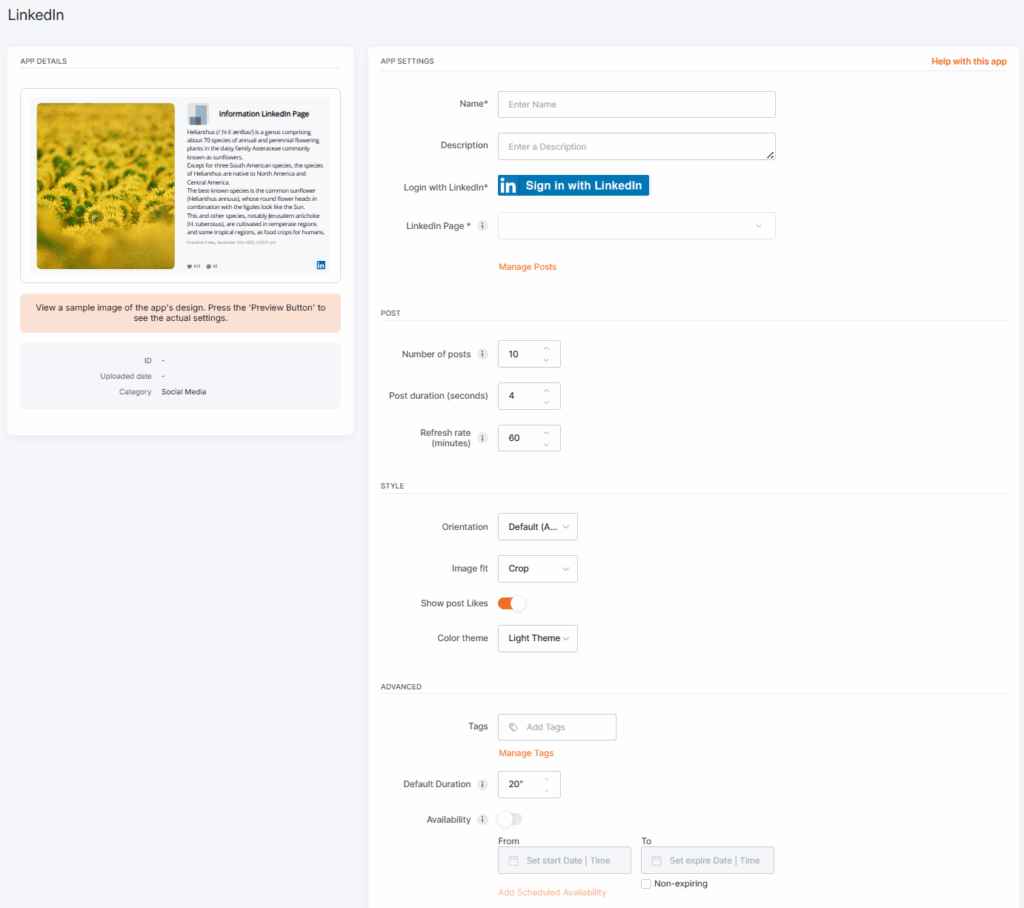 The LinkedIn app configuration interface showing social media display settings, including LinkedIn login, post layout, number of posts, and scheduling options.