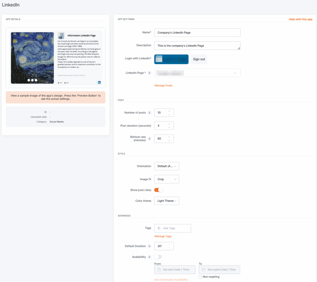 The LinkedIn app setup with a connected LinkedIn account, displaying custom post settings for post layout, theme, QR code toggle, refresh rate, and scheduled availability options.