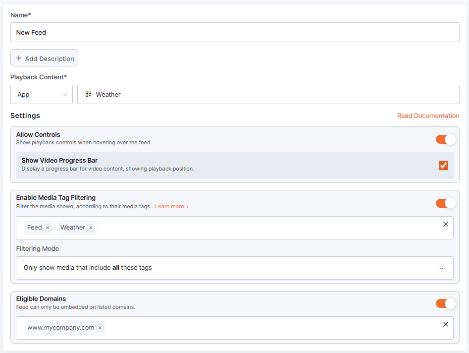 Embeddable Feed settings overview with example information alongside settings for domain restriction, playback control toggles, and media tagging.