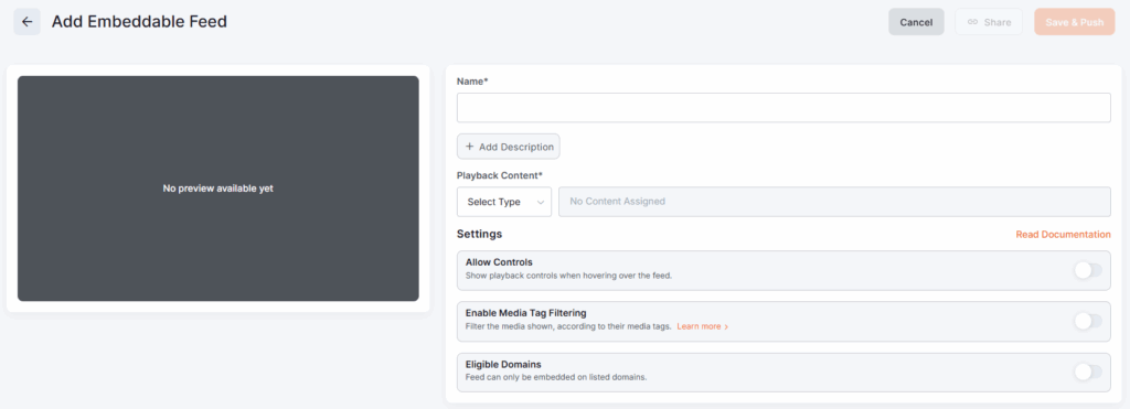 Add Embeddable Feed interface with preview area and settings options