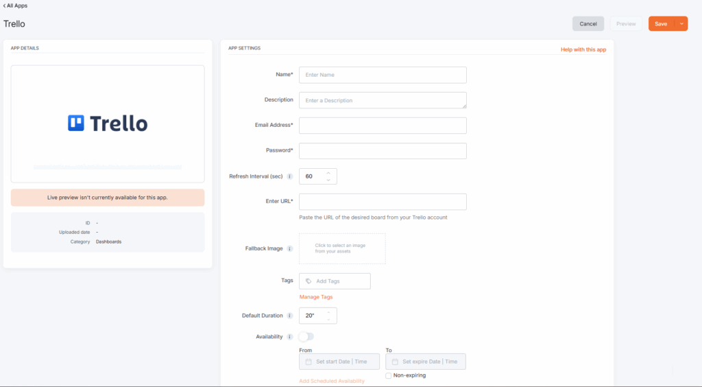 Empty app details of the Trello app settings page in the platform.