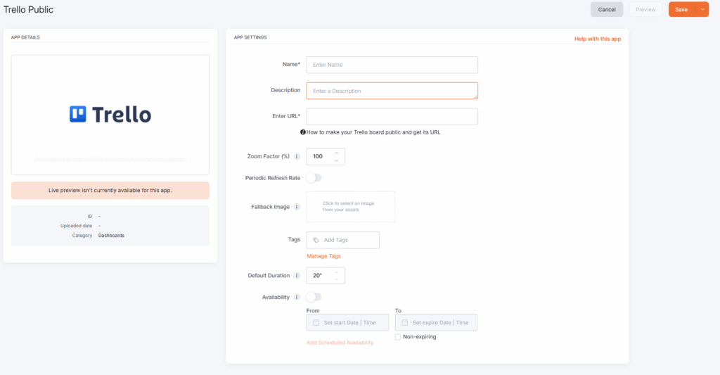 Empty app details of the Trello app settings page in the platform.