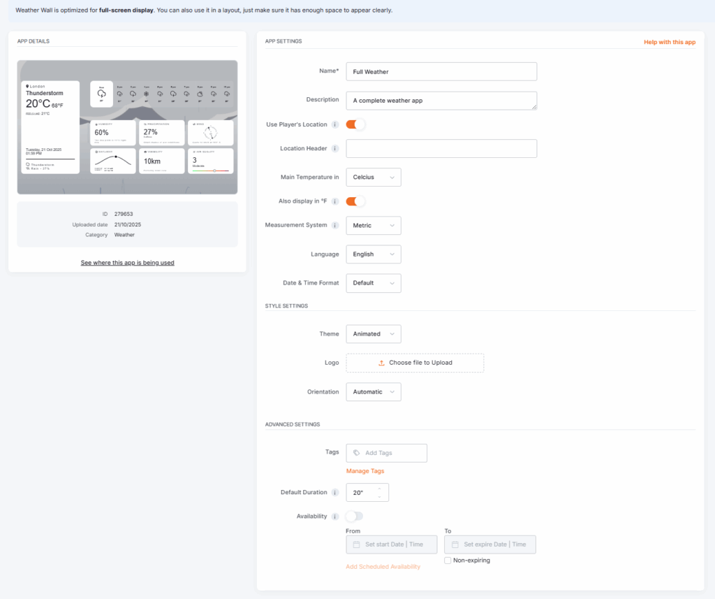 Completed Weather Wall configuration in the Yodeck platform, featuring filled fields for custom location header, measurement system, language, theme, branding logo, and playlist duration.