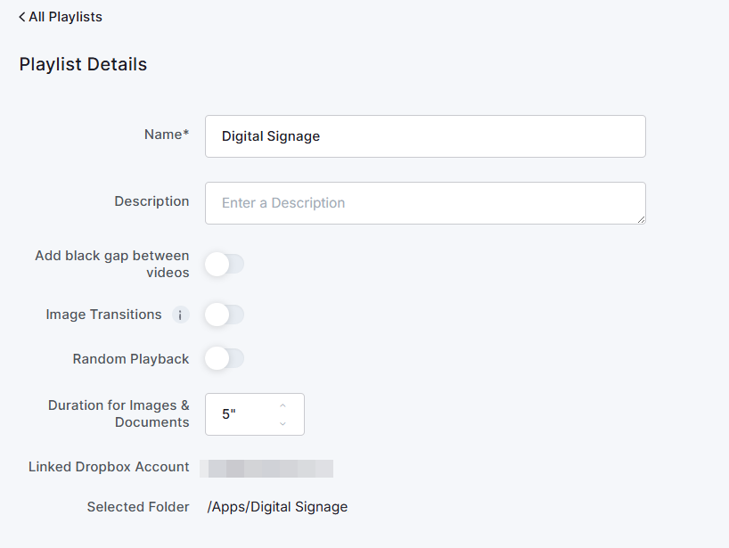 Dropbox Playlist details in the platform
