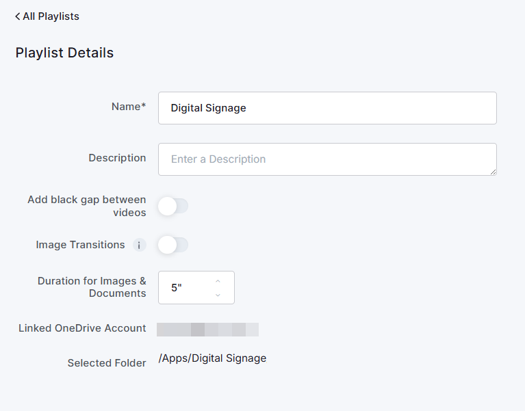 OneDrive Playlist details in the platform
