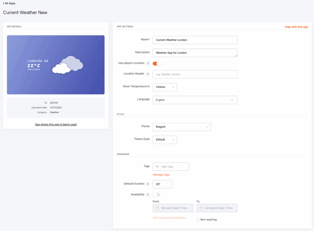 Current Weather app configuration options have filled in values by the user after the completion of the app's configuration
