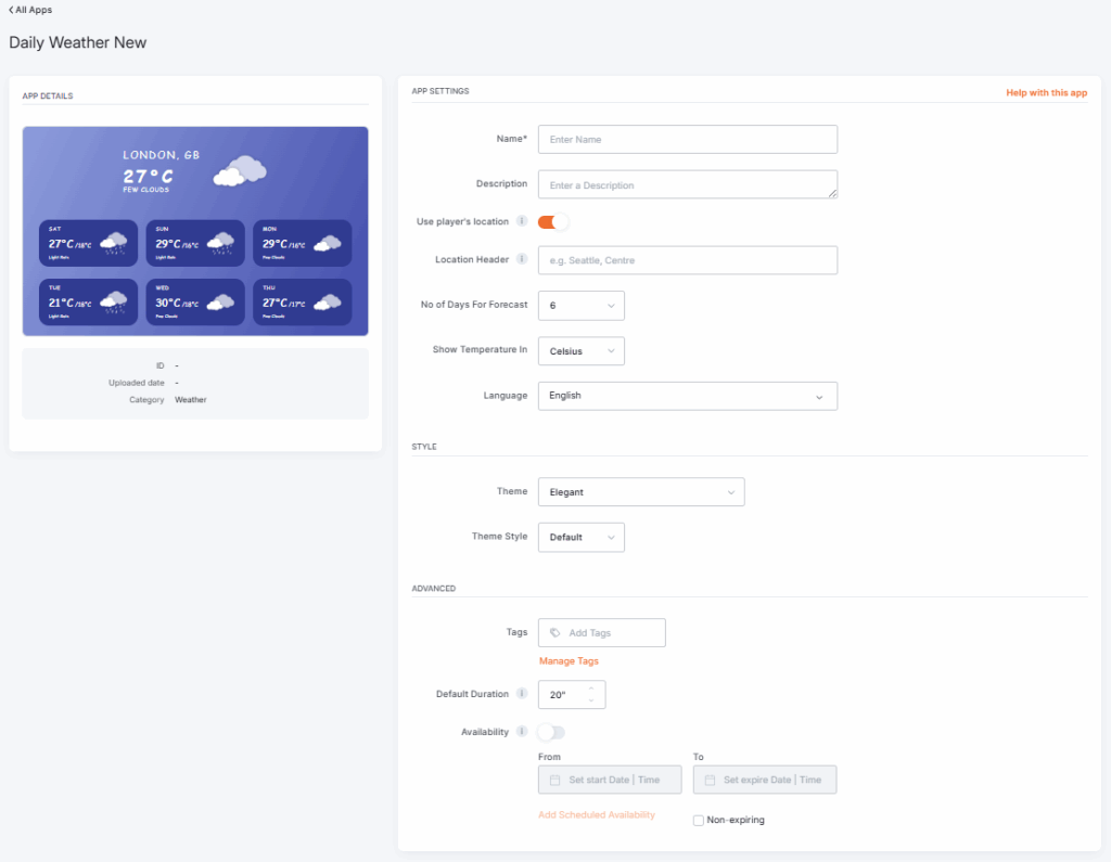 Daily Weather app configuration options have empty values during the initialization of the app's configuration