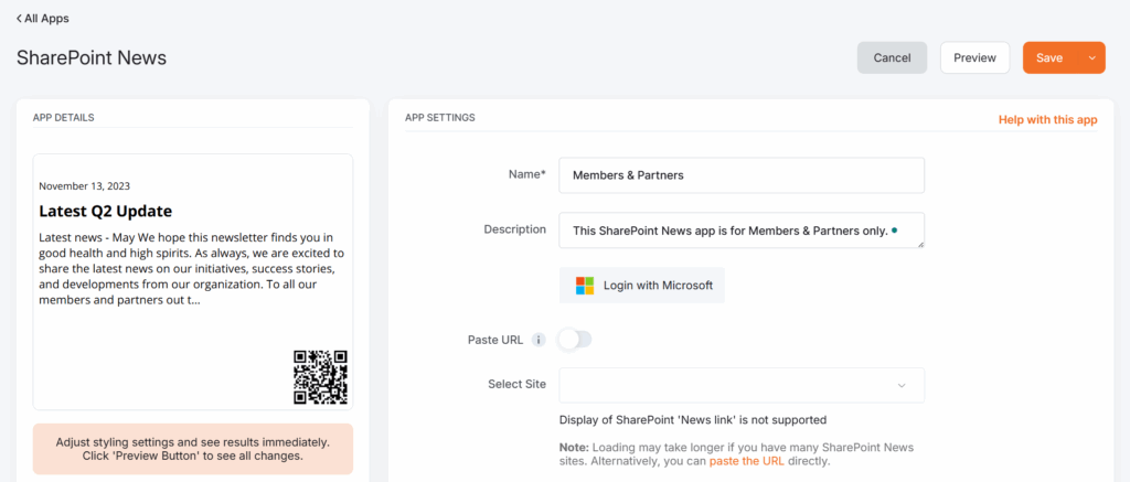 SharePoint News app interface showing its settings page, during its creation and configuration.