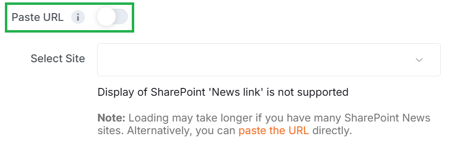 Highlighted 'Paste URL' option in SharePoint News settings with toggle switch disabled.