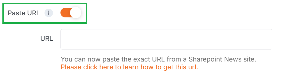 Highlighted ‘Paste URL’ feature enabled in SharePoint News, with instructional link on how to retrieve the correct URL.