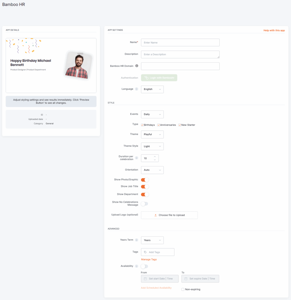 Bamboo HR app configuration interface settings and scheduling options in the platform.